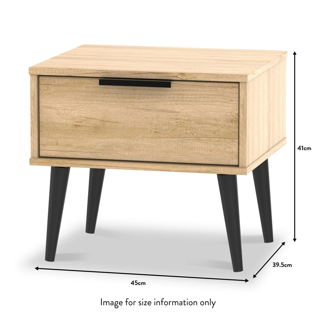Asher Light Oak 1 Drawer Bedside Table with Black Splayed Legs dimensions guide