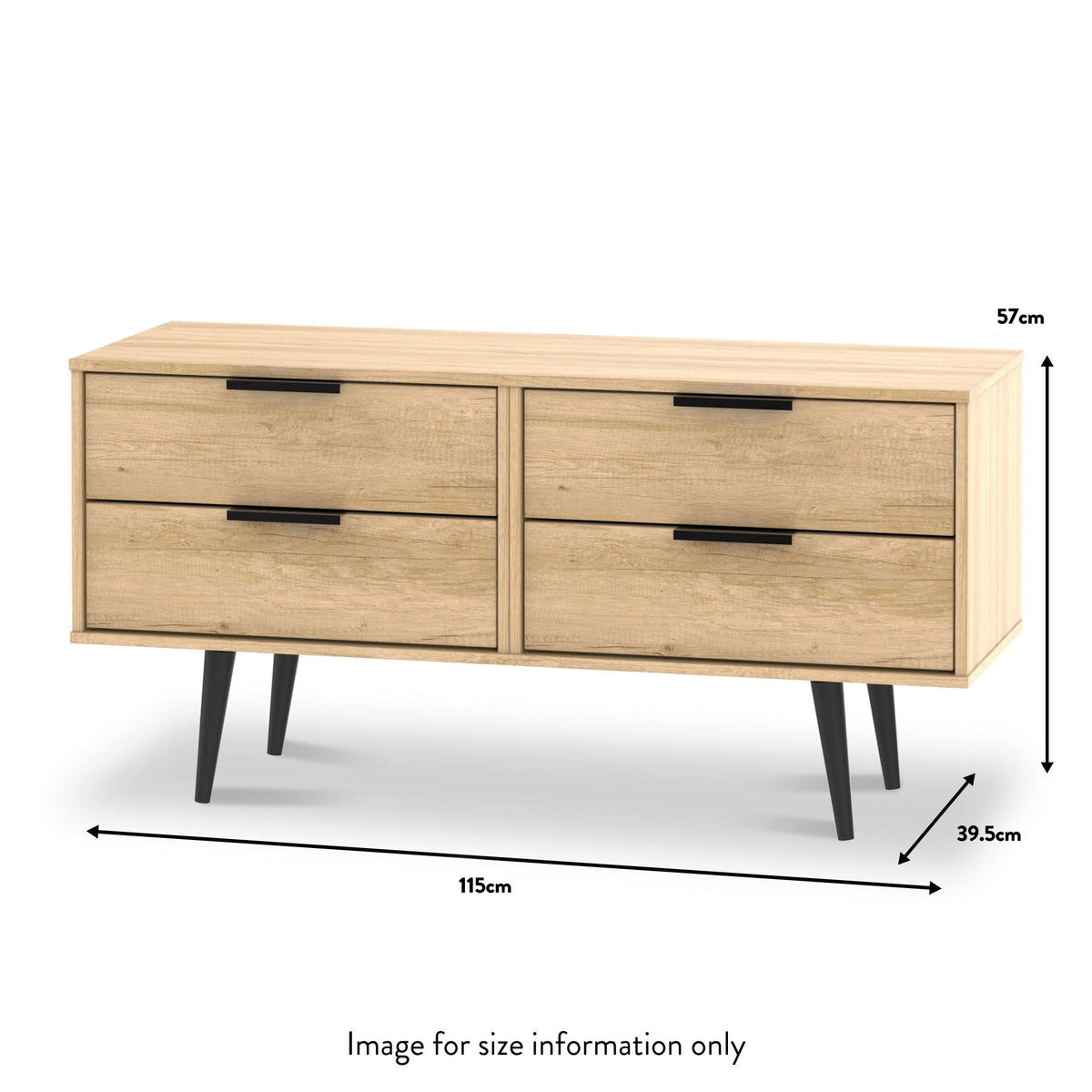 Asher Light Oak 4 Drawer Low Storage Chest with black legs dimensions