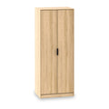 A tall wooden wardrobe with closed double doors and a single black handle, isolated on a white background.