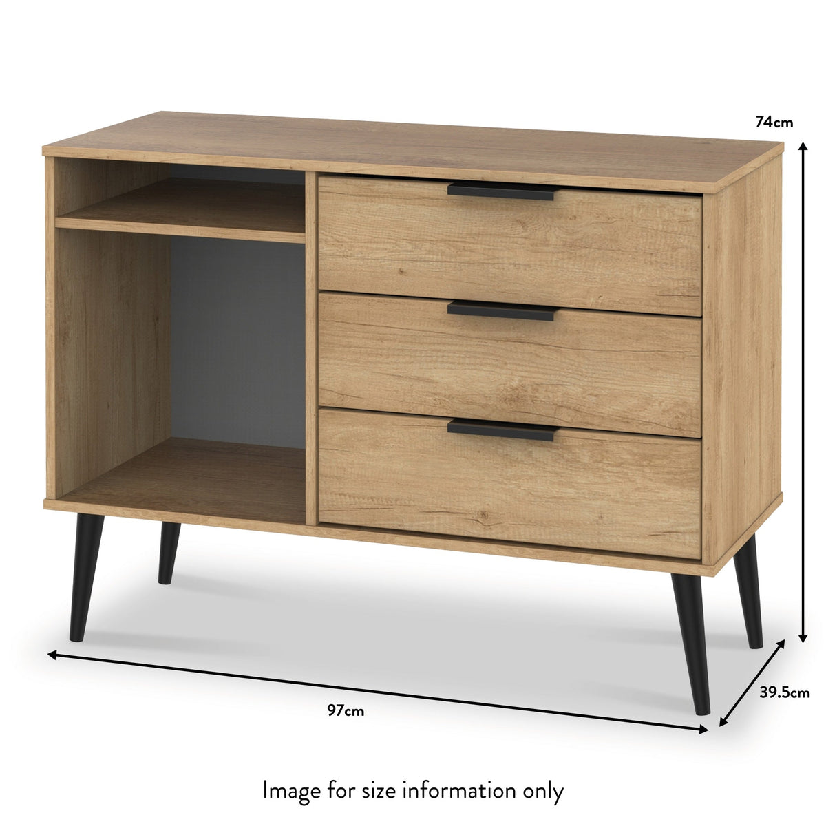 Asher Light Oak 3 Drawer TV Unit with black legs dimensions