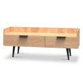 Asher Light Oak 2 Drawer Console Media TV Stand with black legs