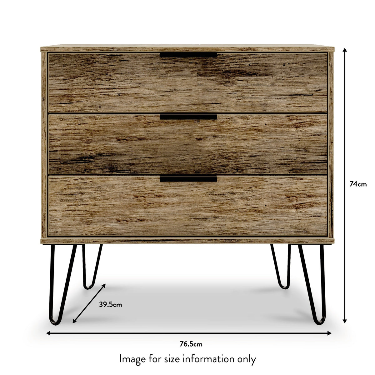 Moreno Rustic Oak 3 Drawer Chest with Black Hairpin Legs size guide