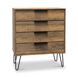 A wooden dresser with four drawers and black metal legs stands against a white background.