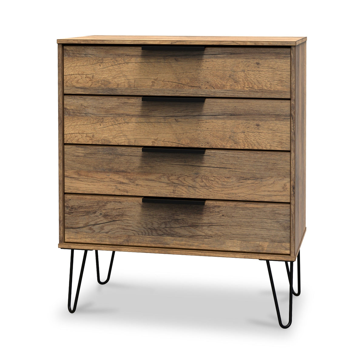Moreno Rustic Oak Wooden 4 Drawer Chest with Black Hairpin Legs
