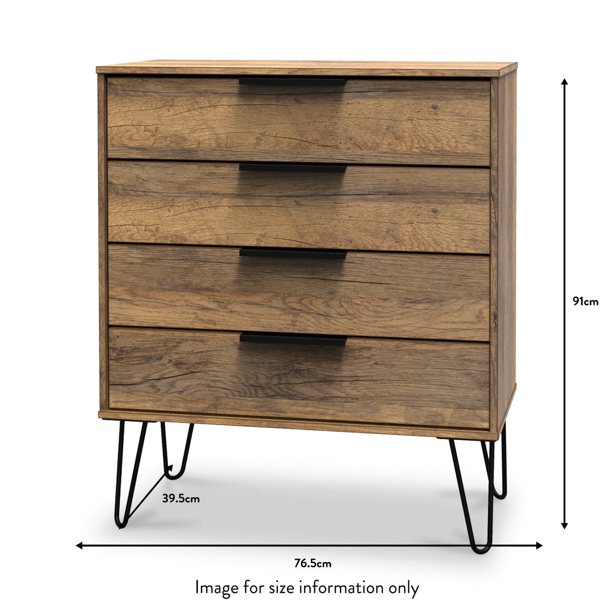 Moreno Rustic Oak Wooden 4 Drawer Chest with Black Hairpin Legs size guide