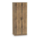 A wooden wardrobe with closed doors stands against a plain white background.