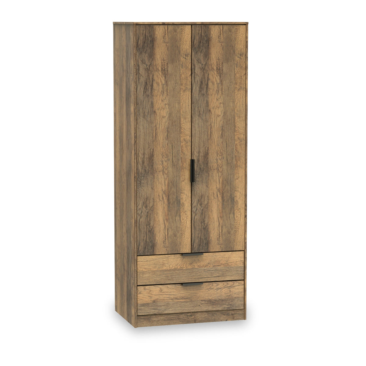A wooden wardrobe stands isolated with doors closed and two drawers at the bottom, set against a white background.
