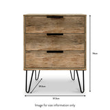 Moreno Rustic Oak 3 Drawer Midi Chest with Black Hairpin Legs dimensions guide
