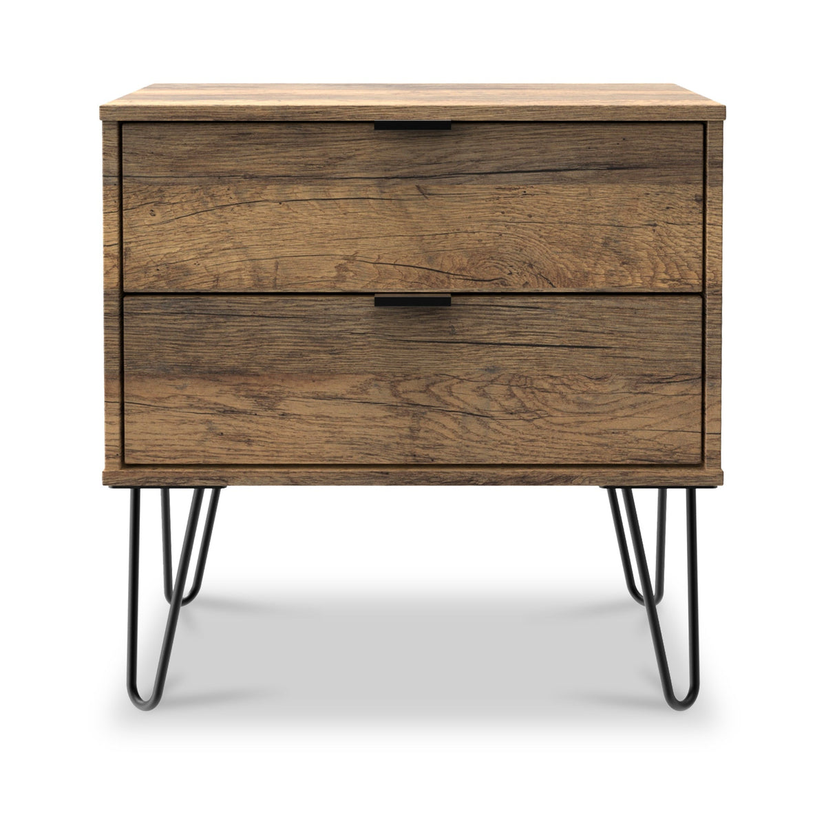 Moreno Rustic Oak 2 Drawer Side Table with Black Hairpin Legs from Roseland Furniture