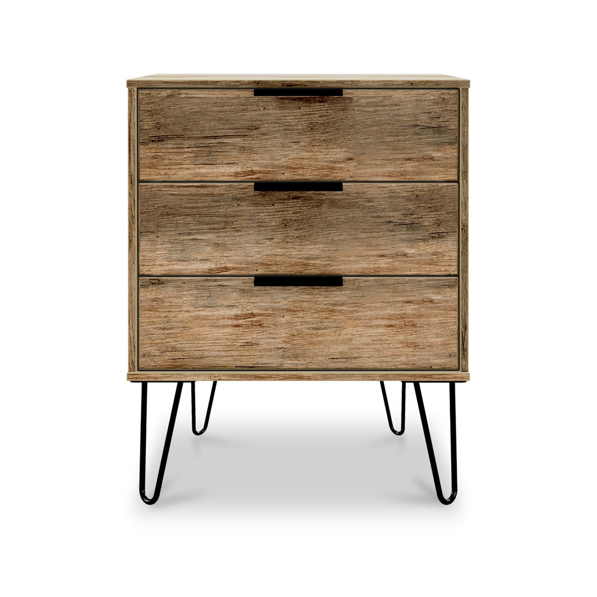 Moreno Rustic Oak 3 Drawer Midi Chest with Black Hairpin Legs from Roseland Furniture
