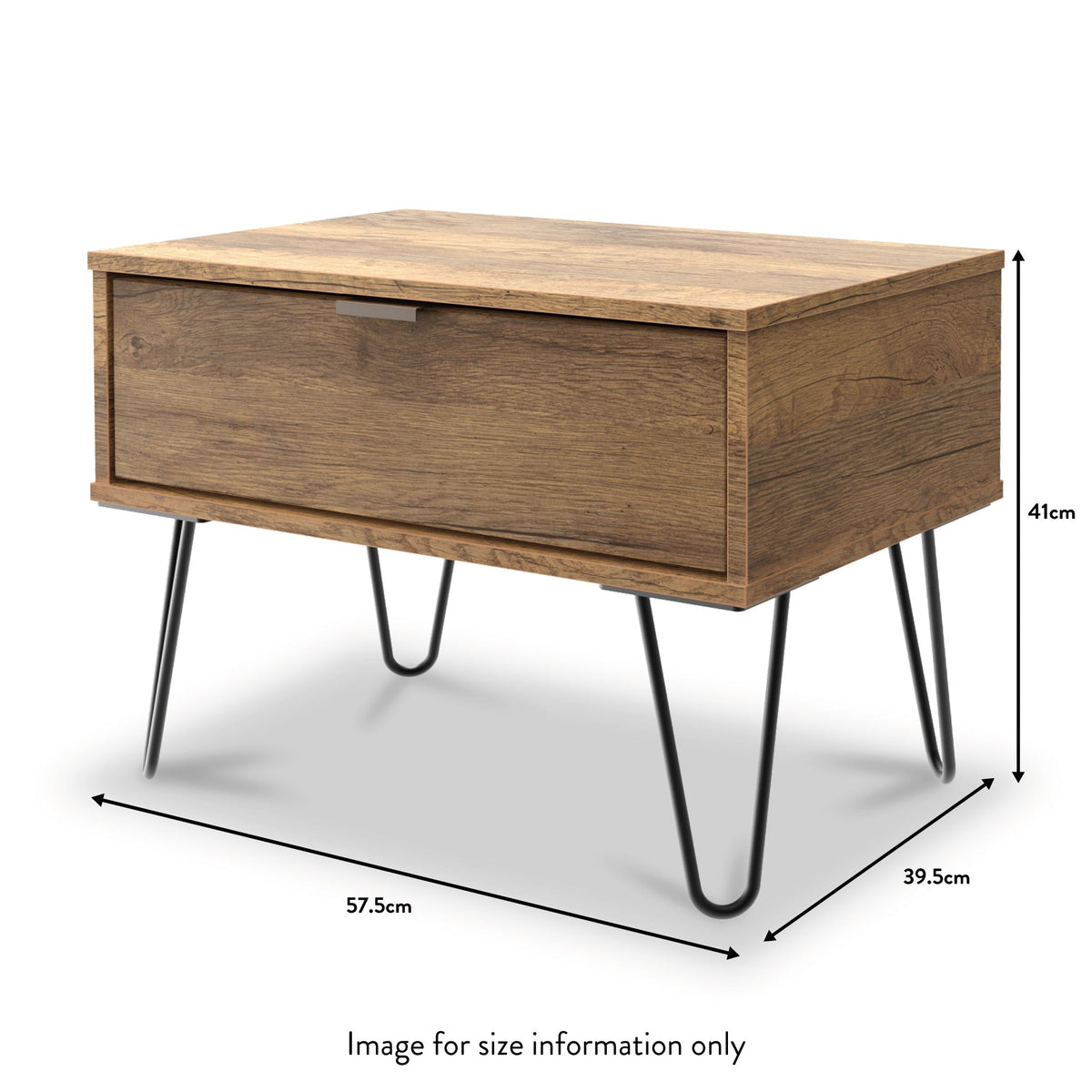 Moreno Rustic Oak 1 Drawer Lamp Side Table with Black Hairpin Legs dimension guide