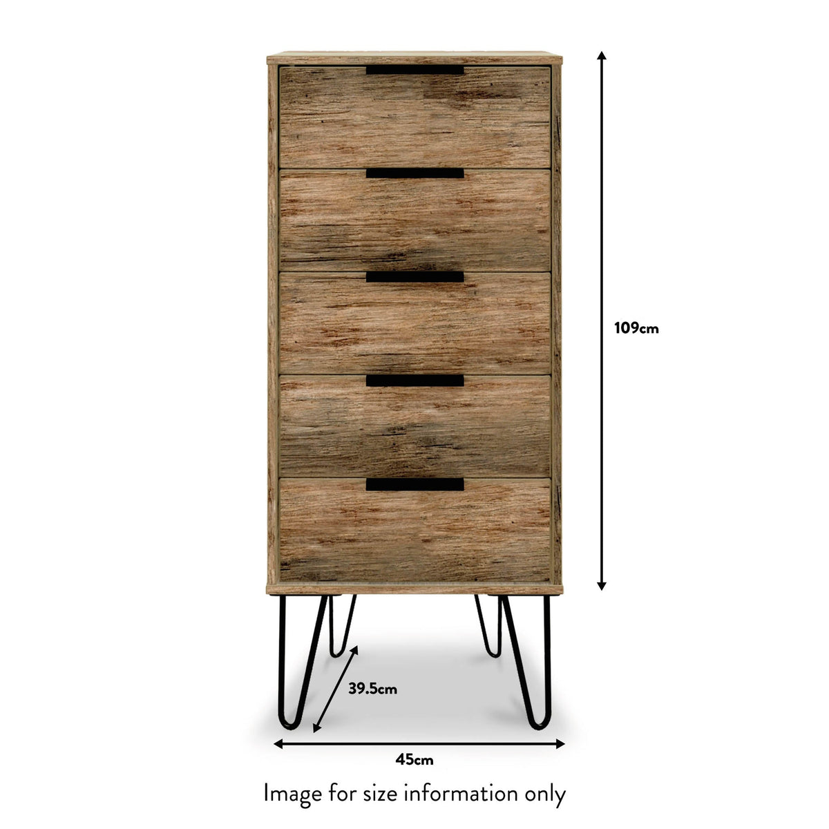 Morena Rustic Oak Effect 5 Drawer Tallboy Chest with Black Hairpin Legs size guide