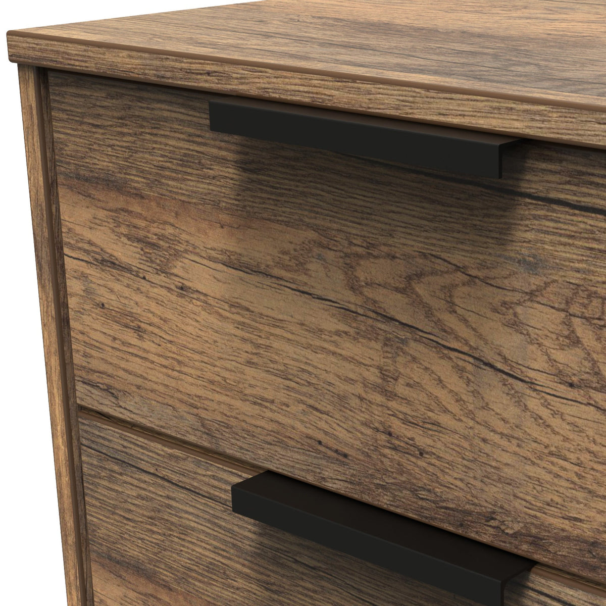 Morena Rustic Oak Effect 2 Drawer Bedside Table with Black Hairpin Legs close up