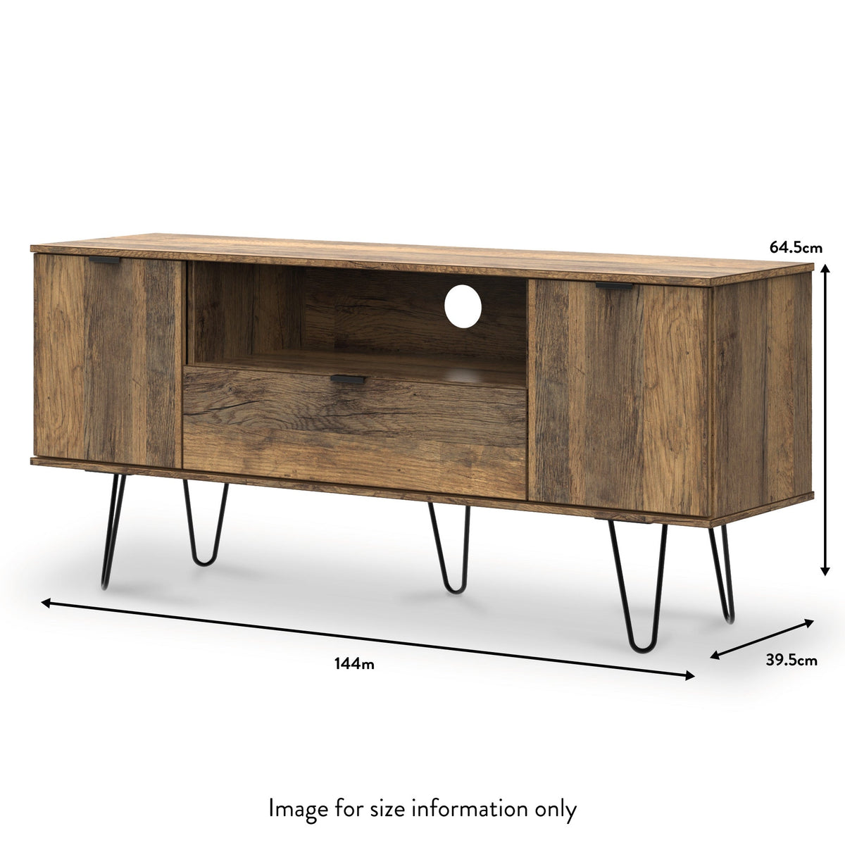 Moreno Rustic Oak Wide TV Unit with Black Hairpin Legs dimension guide