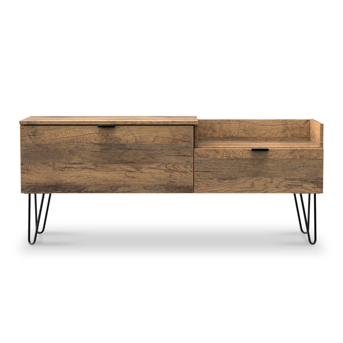 Moreno Rustic Oak TV Console Unit with Black Hairpin Legs from Roseland Furniture