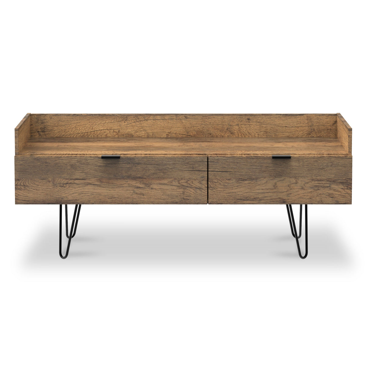 Moreno Rustic Oak Media Console Unit with Black Hairpin Legs from Roseland furniture
