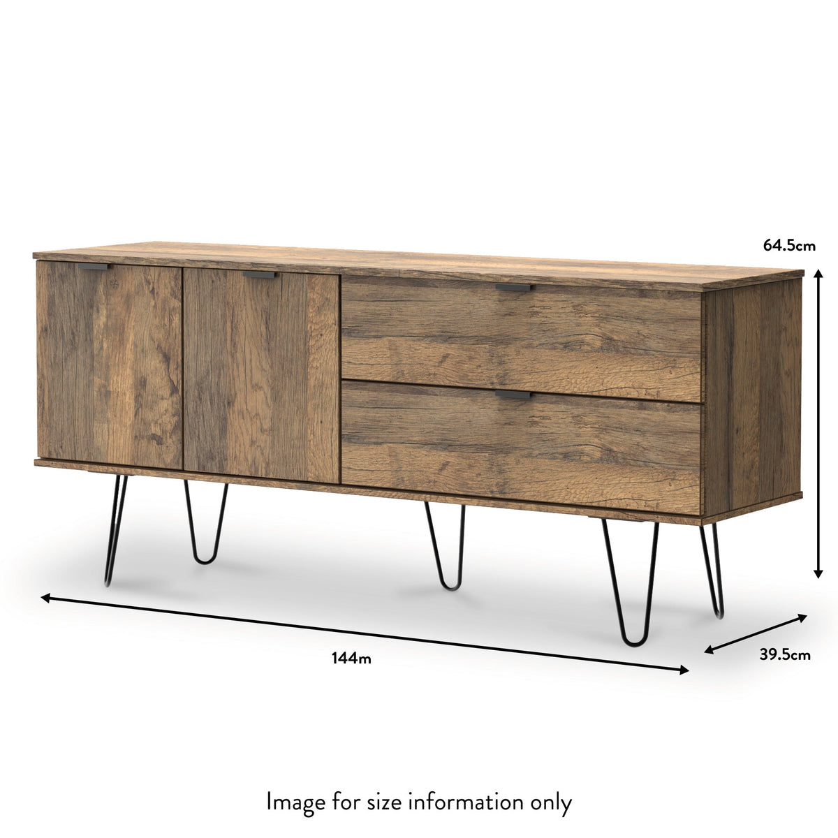 Moreno Rustic Oak 2 Drawer 2 Door Wide Sideboard with Black Hairpin Legs dimension guide