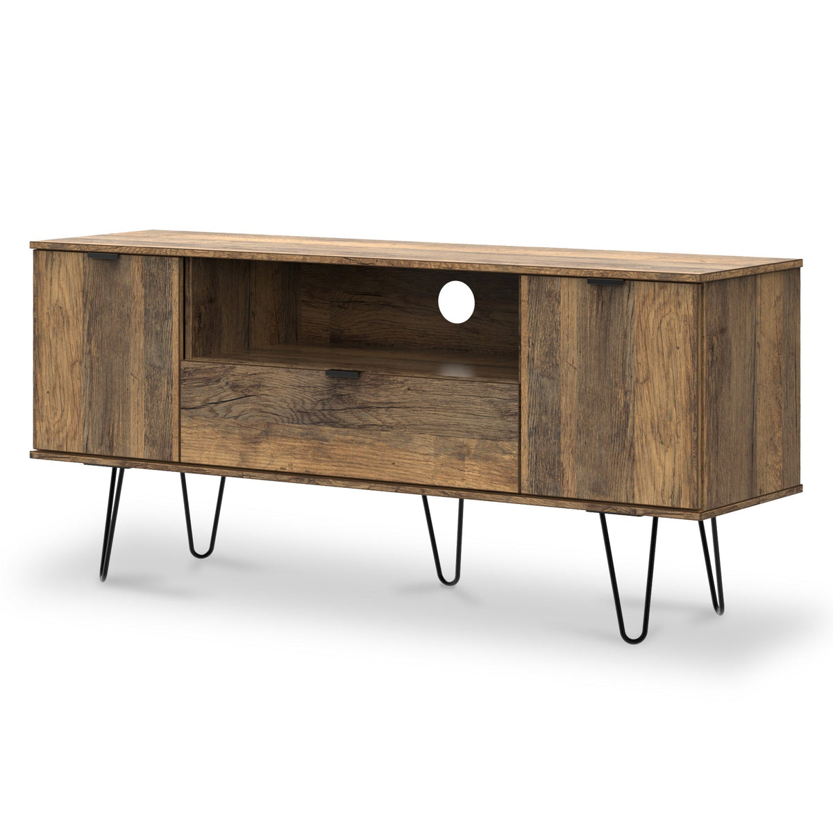 Moreno Rustic Oak Wide TV Unit with Black Hairpin Legs and 2 cupboards