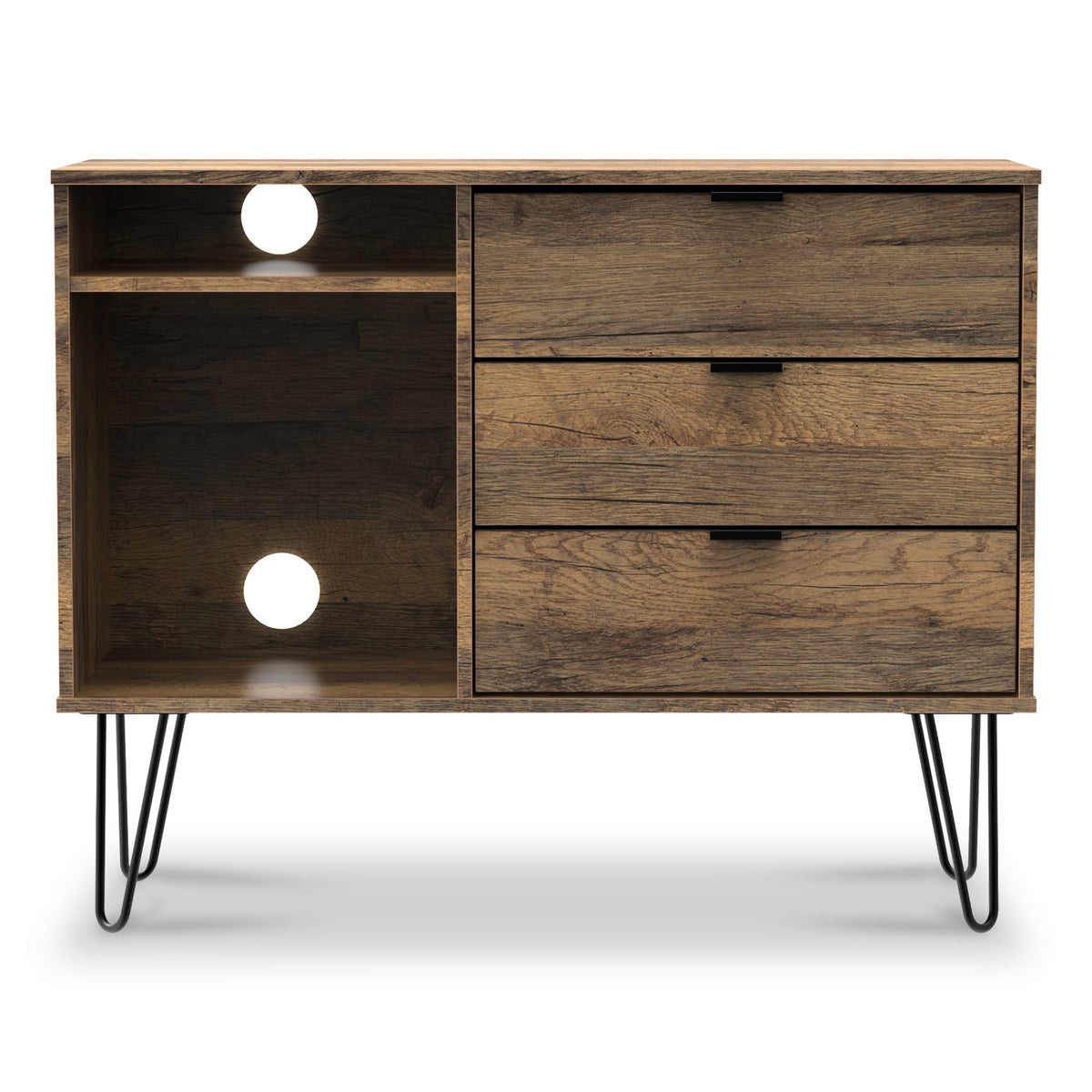 Moreno Rustic Oak 3 Drawer Tv Unit with Black Hairpin Legs from Roseland Furniture