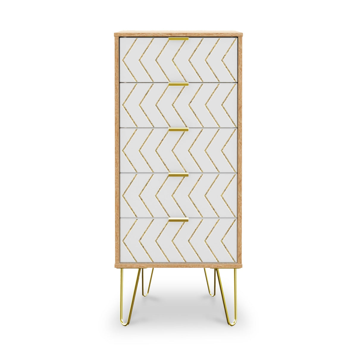Mila White with Gold Hairpin Legs 5 Drawer Tallboy from Roseland