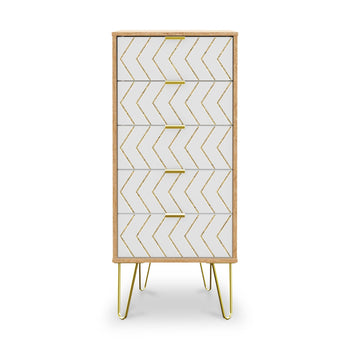 Mila White with Gold Hairpin Legs 5 Drawer Tallboy