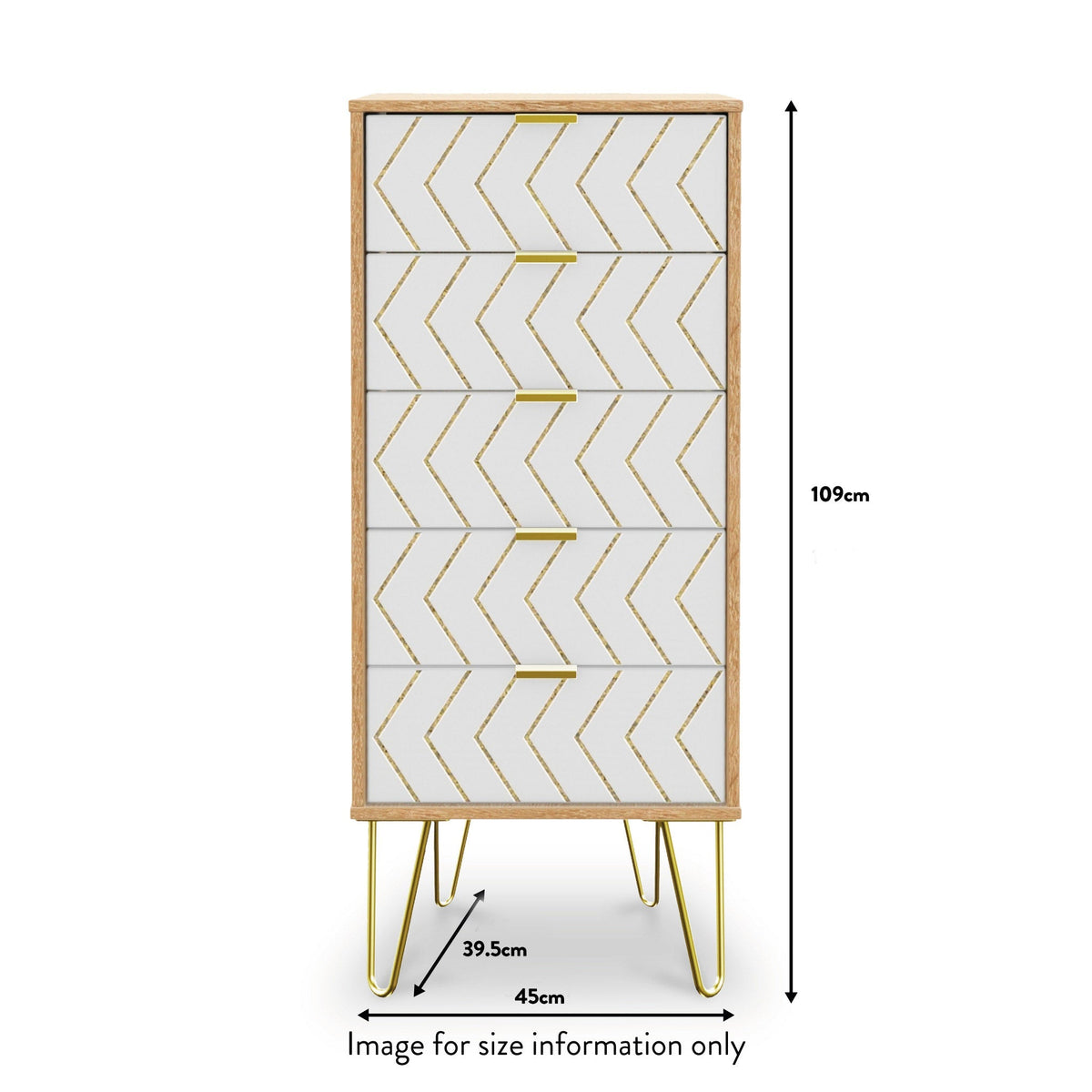Mila White with Gold Hairpin Legs 5 Drawer Tallboy from Roseland size