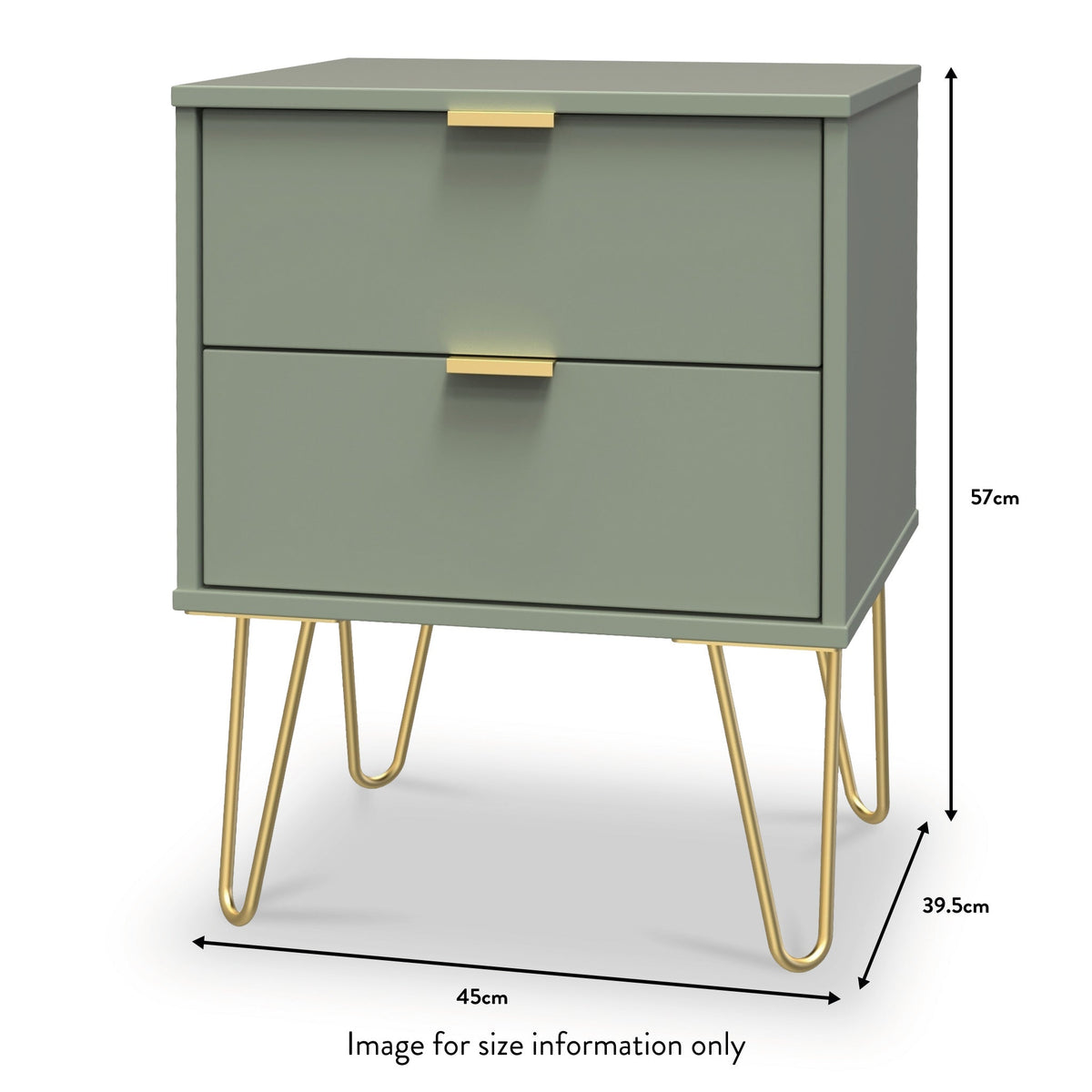 Moreno Olive Green 2 Drawer Bedside Table with Gold Hairpin Legs dimensions guide