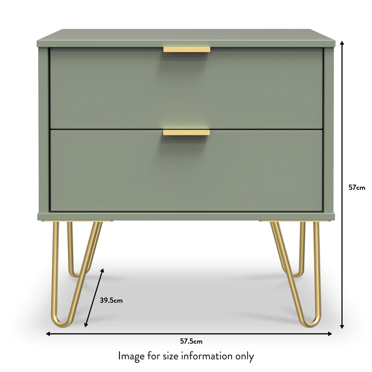 Moreno Olive Green 2 Drawer Sofa Side Lamp Table with Gold Hairpin Legs dimensions guide