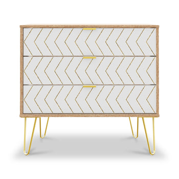Mila White with Gold Hairpin Legs 3 Drawer Wide Chest