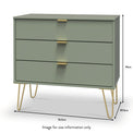 Moreno Olive Green 3 Drawer Chest with gold hairpin legs dimensions guide