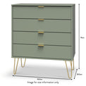 Moreno Olive Green 4 Drawer Chest with gold hairpin legs dimensions guide