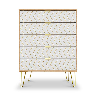 Mila White with Gold Hairpin Legs 5 Drawer Chest