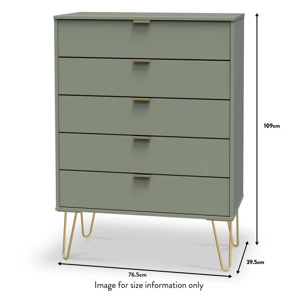 Moreno Olive Green 5 Drawer Chest with gold hairpin legs dimension guide