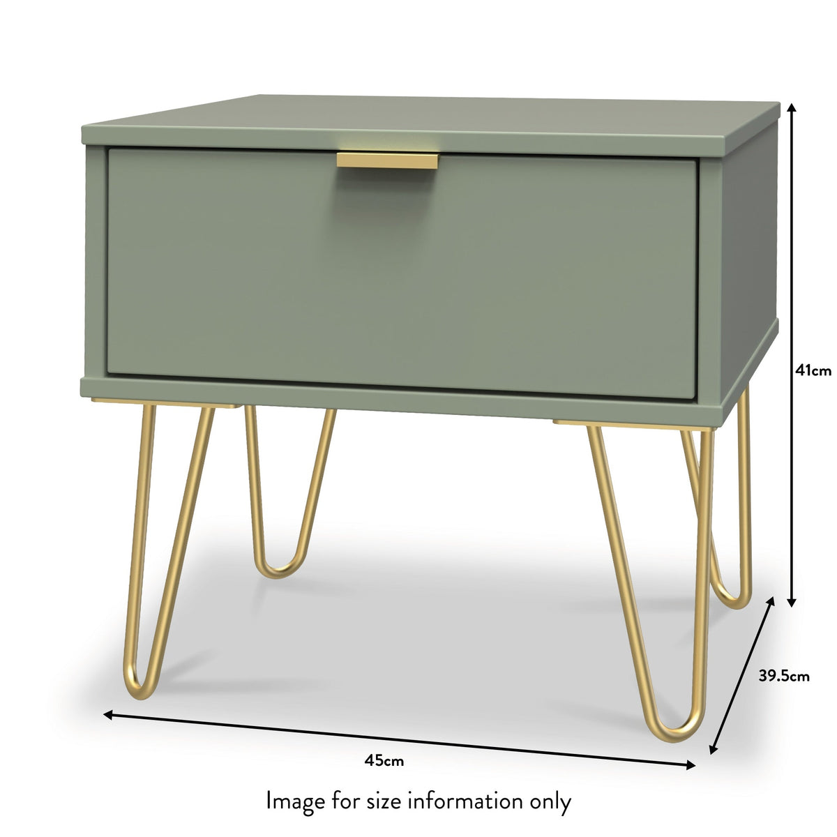 Moreno Olive Green 1 Drawer Bedside Table with gold Hairpin Legs dimensions guide
