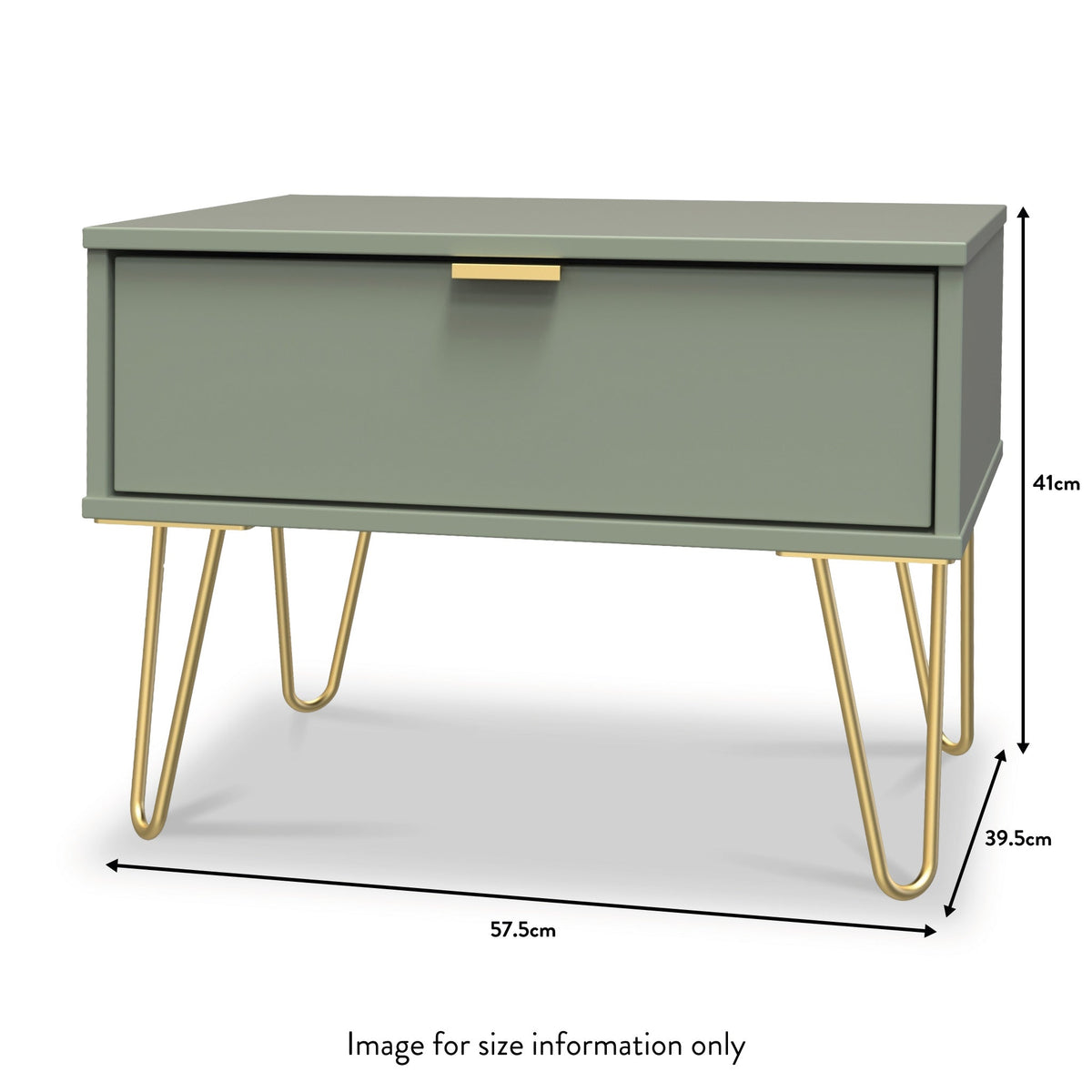 Moreno Olive Green 1 Drawer Sofa Side Lamp Table with Gold Hairpin Legs dimensions guide