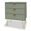 Moreno Olive Green 3 Drawer Midi Chest of Drawers Unit with gold hairpin legs