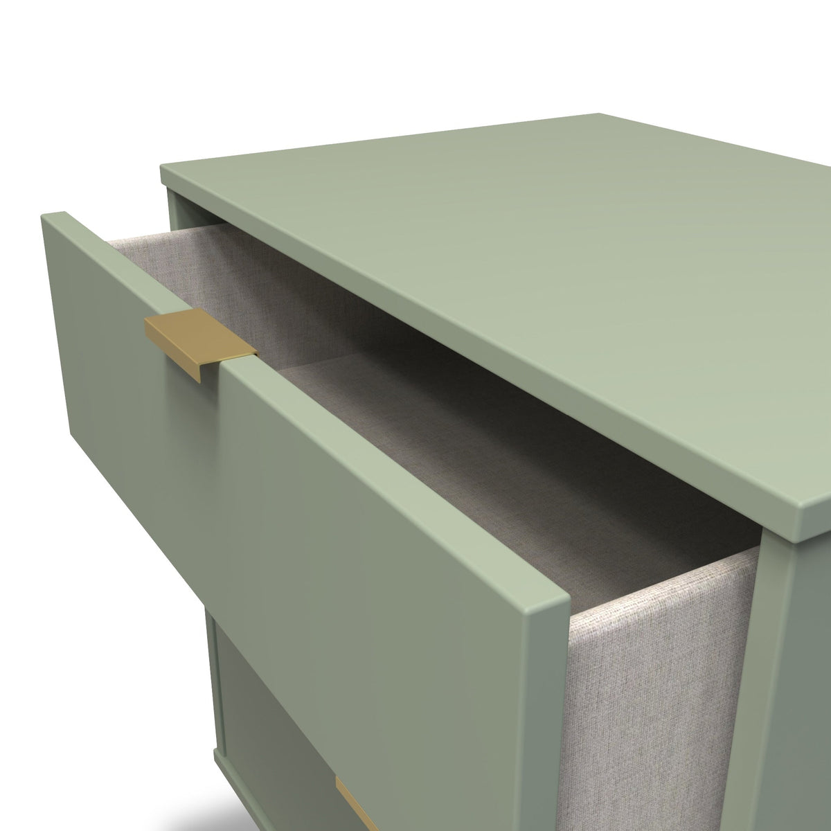 Moreno Olive Green 3 Drawer Midi Chest of Drawers Unit with gold hairpin legs drawer close up