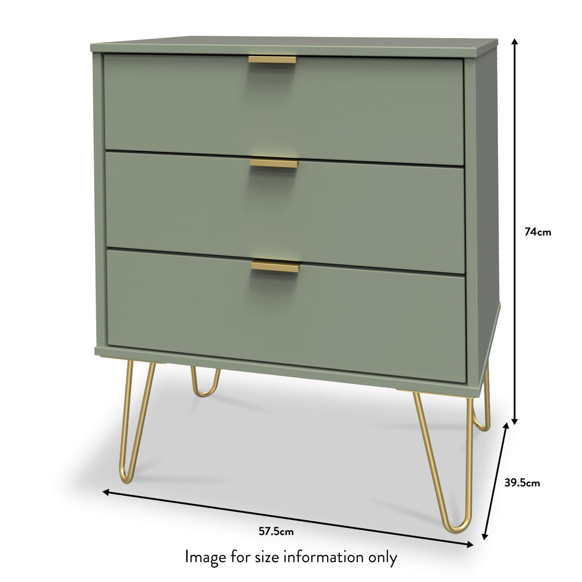 Moreno Olive Green 3 Drawer Midi Chest of Drawers Unit with gold hairpin legs dimensions guide