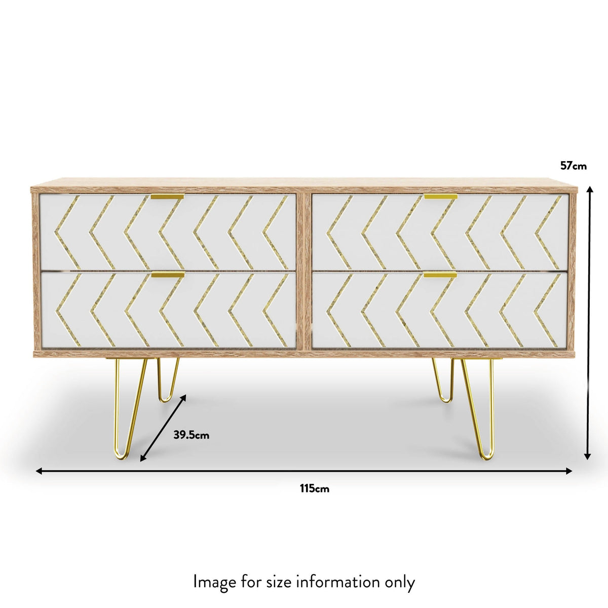 Mila White with Gold Hairpin Legs 4 Drawer Low Storage Unit from Roseland size