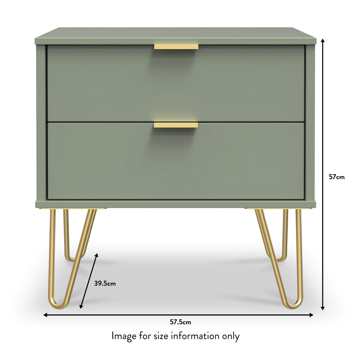 Moreno Olive Green 2 Drawer Wireless Charging Lamp Side Table with gold hairpin legs dimensions guide