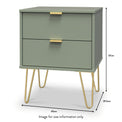 Moreno Olive Green 2 Drawer Wireless Charging Bedside Table with gold hairpin legs dimensions guide