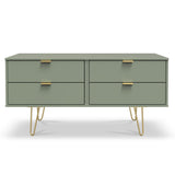 Moreno Olive Green Low 4 Drawer Chest with gold hairpin legs from Roseland Furniture