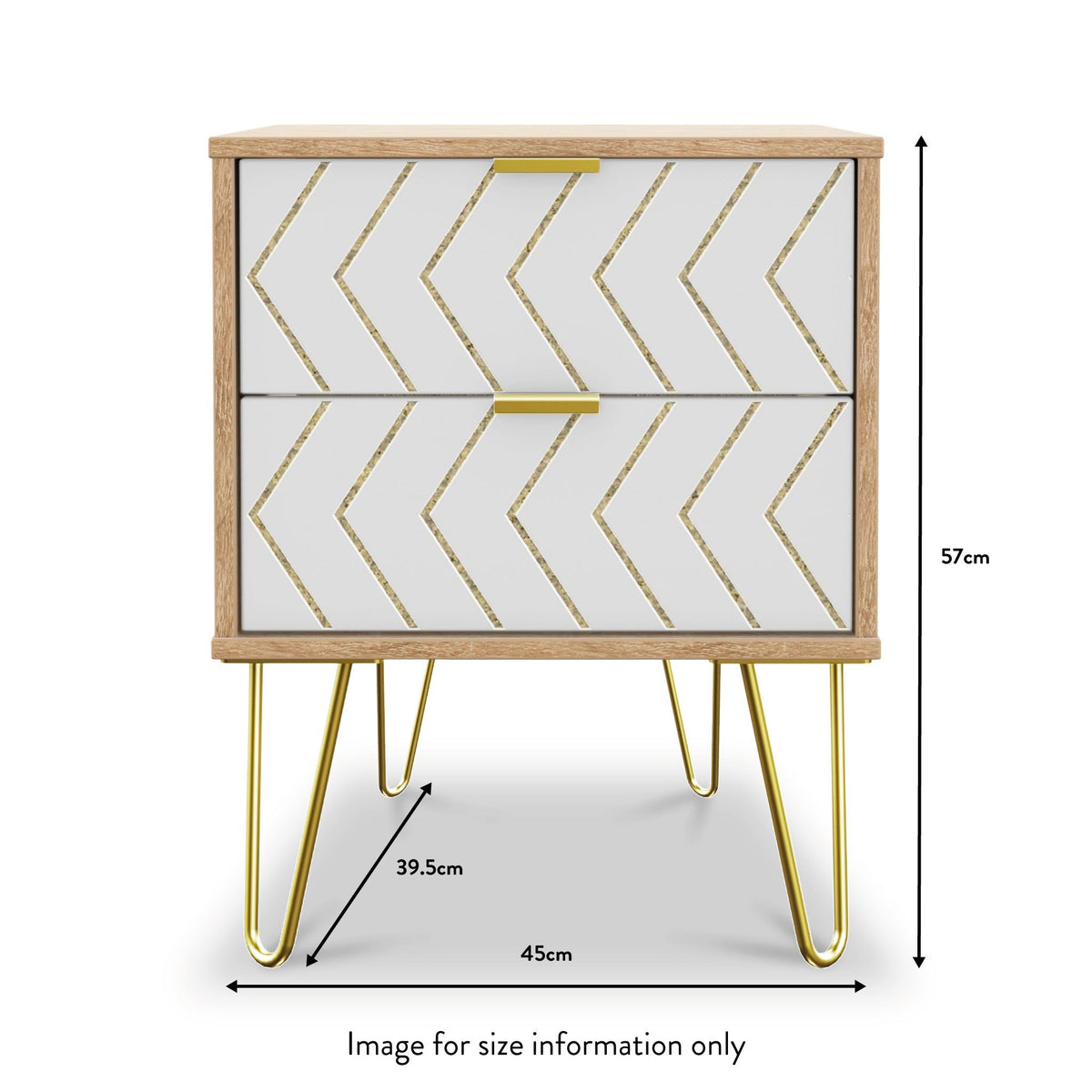 Mila White with Gold Hairpin Legs Wireless Charging 2 Drawer Bedside from Roseland size