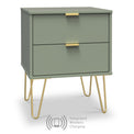 Moreno Olive Green 2 Drawer Wireless Charging Bedside Table with gold hairpin legs from Roseland furniture