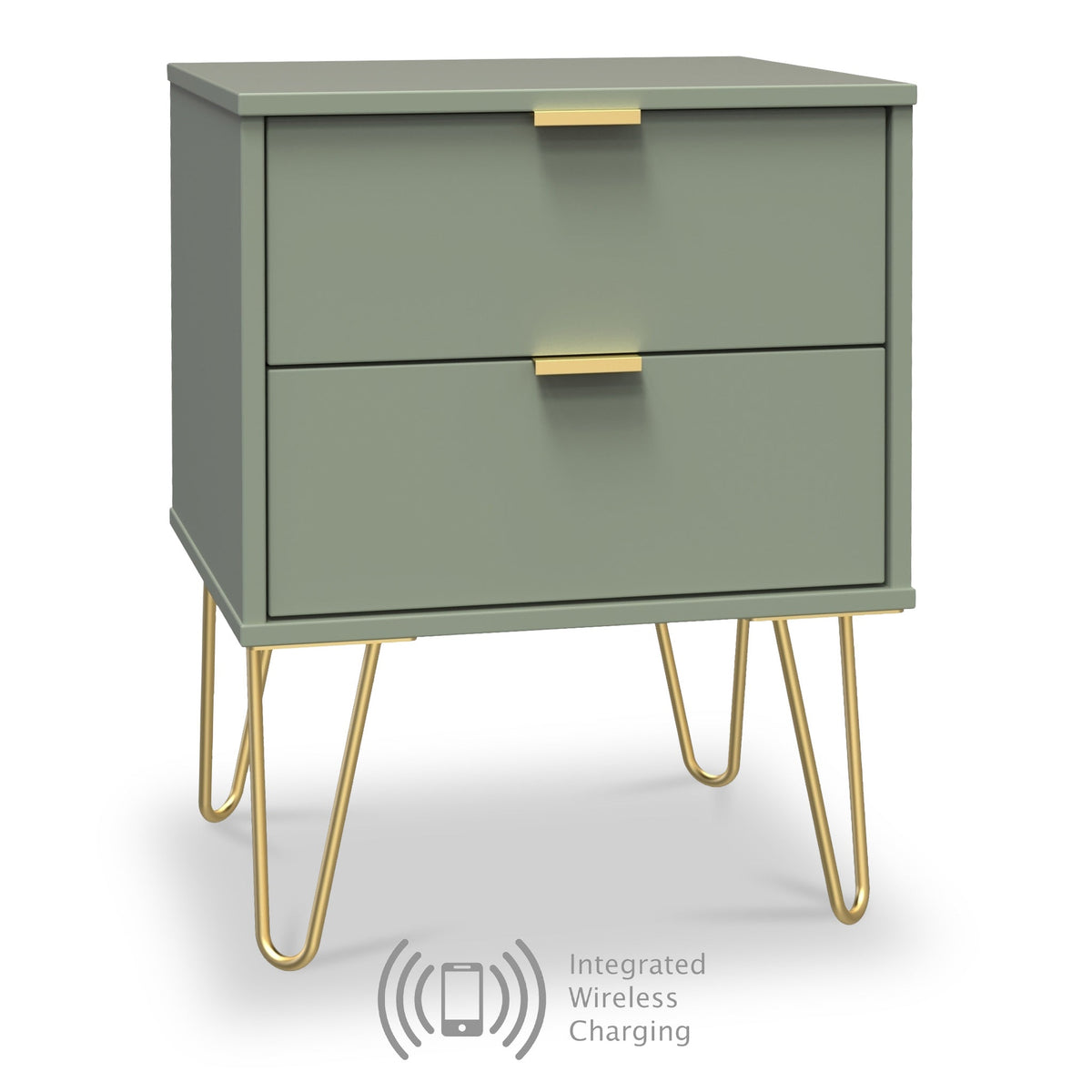 Moreno Olive Green 2 Drawer Wireless Charging Bedside Table with gold hairpin legs from Roseland furniture