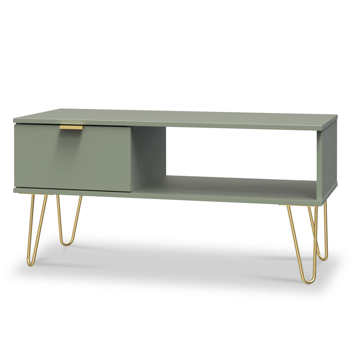Moreno Olive Green 1 Drawer Coffee Table with Storage and gold hairpin legs