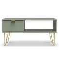 Moreno Olive Green 1 Drawer Coffee Table with Storage and gold hairpin legs from Roseland furniture