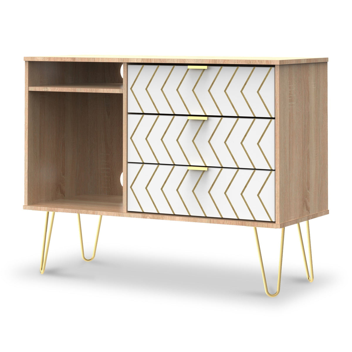 Mila White with Gold Hairpin Legs 3 Drawer TV Unit from Roseland