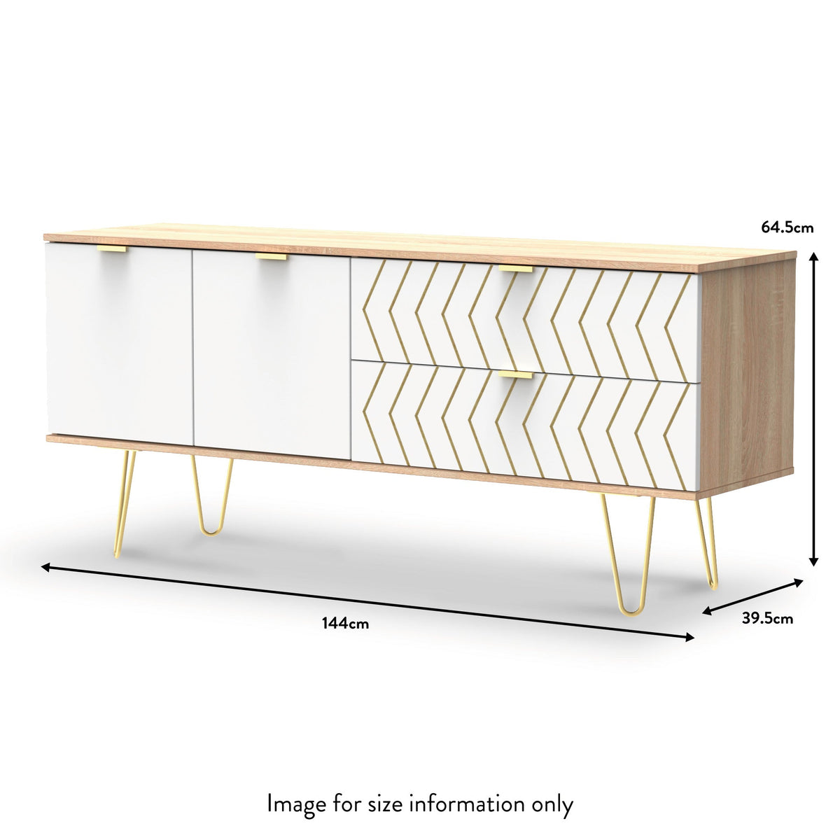 Mila White with Gold Hairpin Legs 2 Drawer 2 Door Wide Sideboard from Roseland size