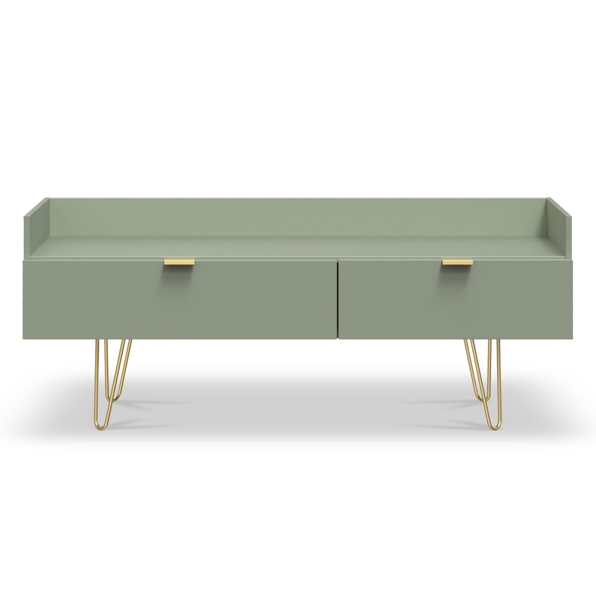 Moreno Olive Green 2 Drawer Media Console Unit with gold hairpin legs from Roseland Furniture